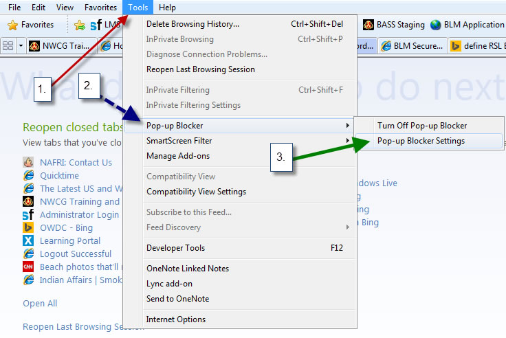 IE browser instructions to turn off Pop-up Blocker.