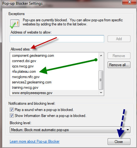 Verify the website was added and close.